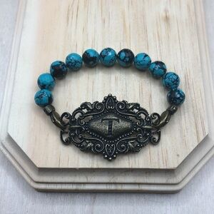 Lenny and Eva Initial Letter T Turquoise Like Beads Bracelet Antiqued Brass